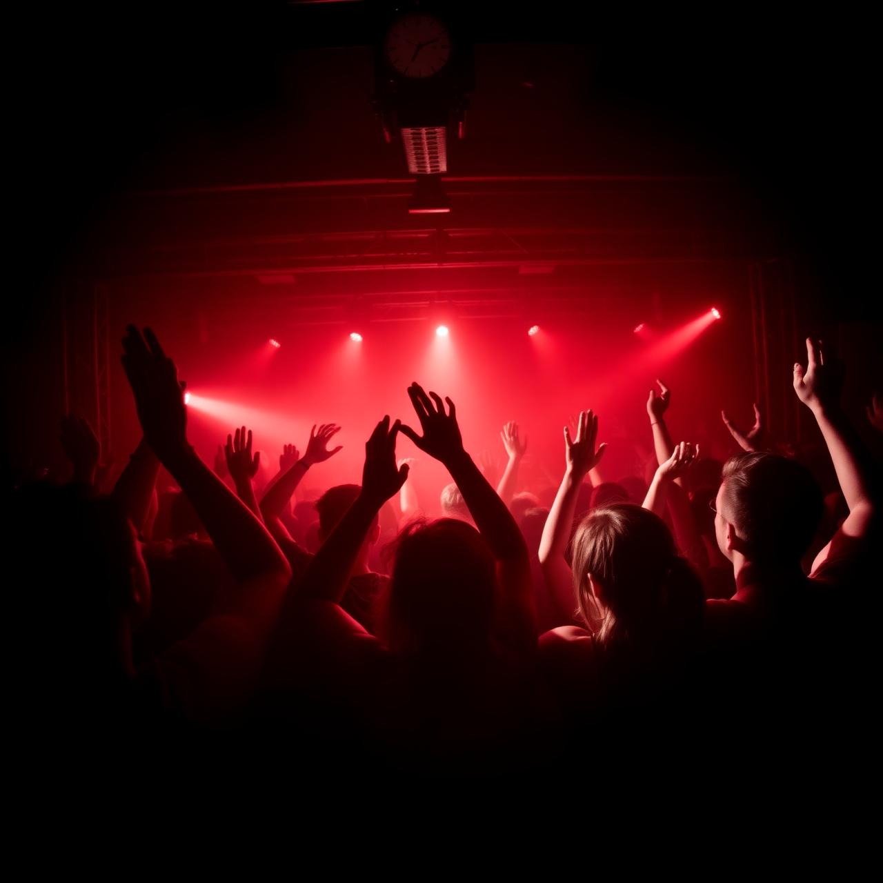 Crowd with hands in the air under red stage lights